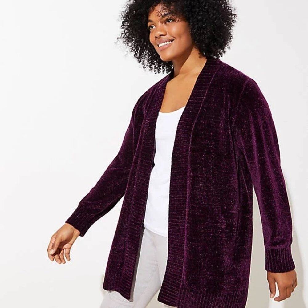 LOFT • Burgundy Chenille Open Front Cardigan Size Large - Picture 2 of 8